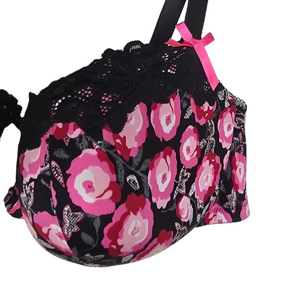 Cacique Pink Black Lace Floral Lightly Lined T-Shirt Underwire Bra 42DD - Picture 2 of 6